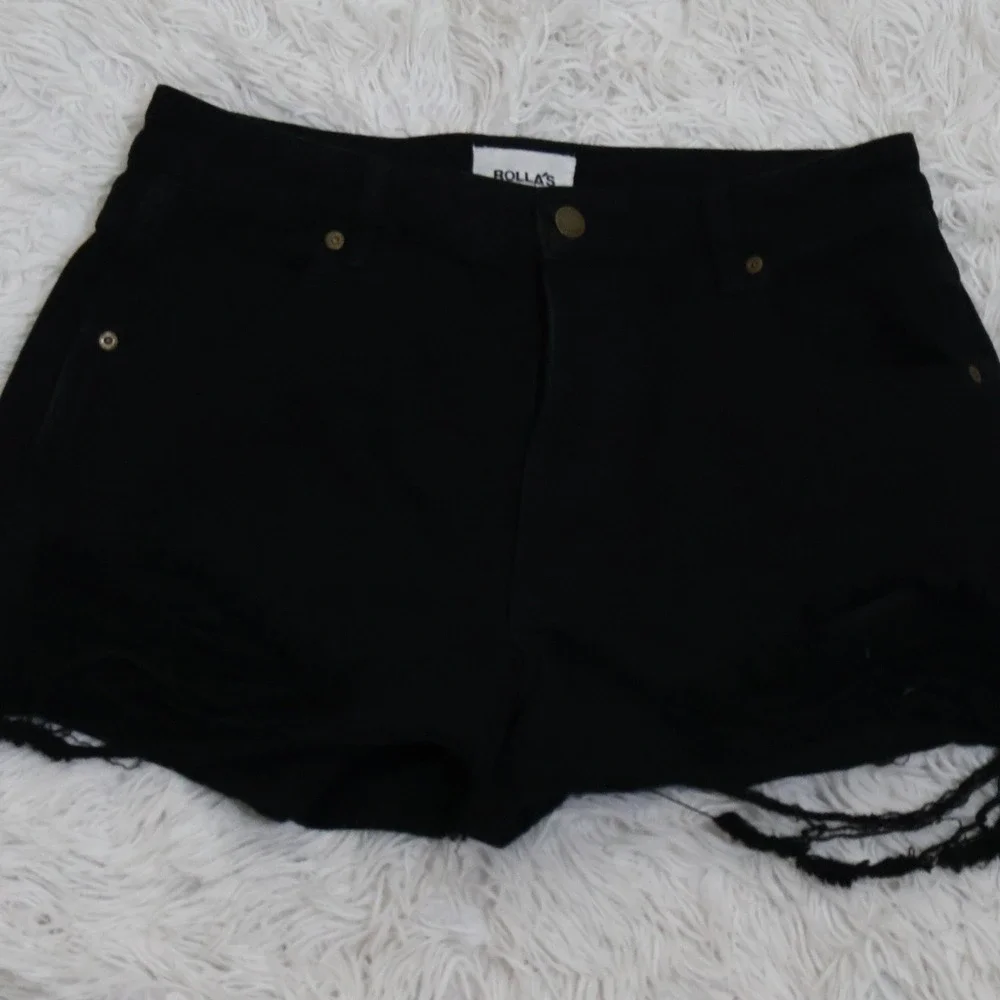 Rollas Original Short Size 30 Black High Rise Distressed Denim Cut Off
